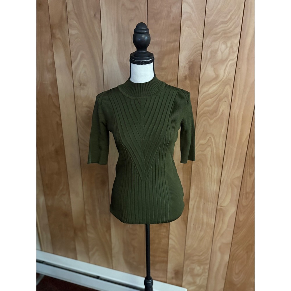 Elie Tahari Olive Green Ribbed Mock Neck Short Sleeve Sweater Top‎ Size S